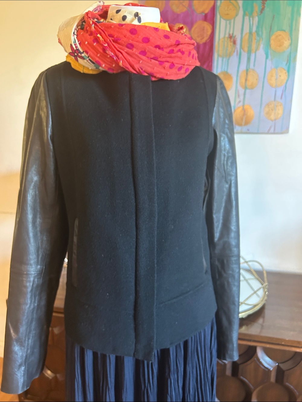 Vince Black Wool Body Jacket with Leather Sleeves